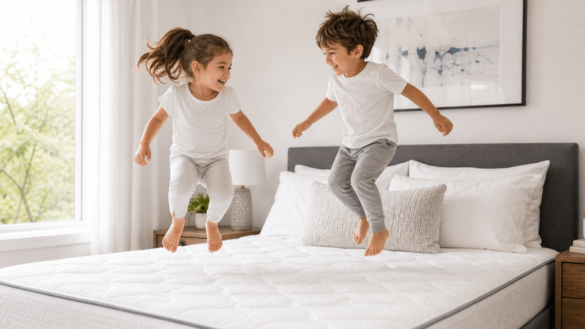 Happy kids jumping on a clean mattress