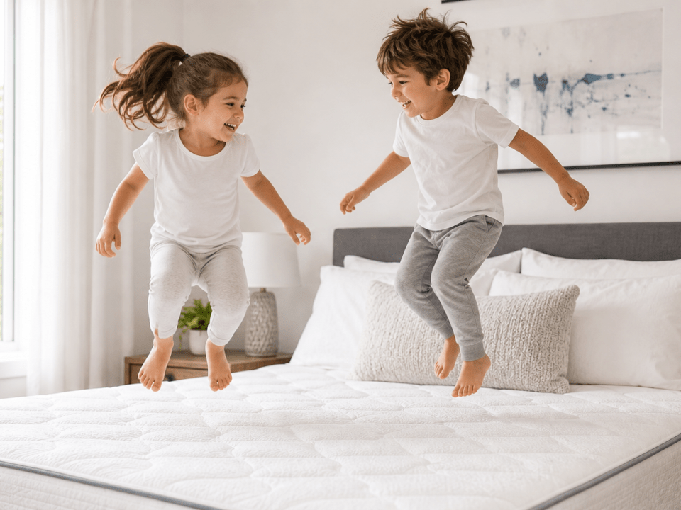 Happy kids jumping on a clean mattress