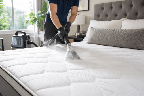 Professional mattress cleaning with steam cleaning equipment in a bright bedroom