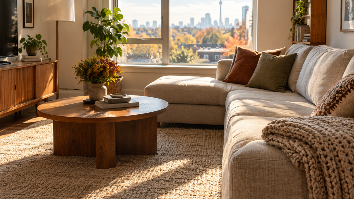 A bright, cozy Toronto living room in mid-autumn after Fall Carpet Cleaning Toronto