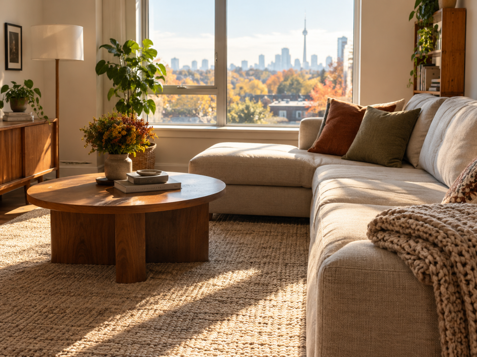 A bright, cozy Toronto living room in mid-autumn after Fall Carpet Cleaning Toronto